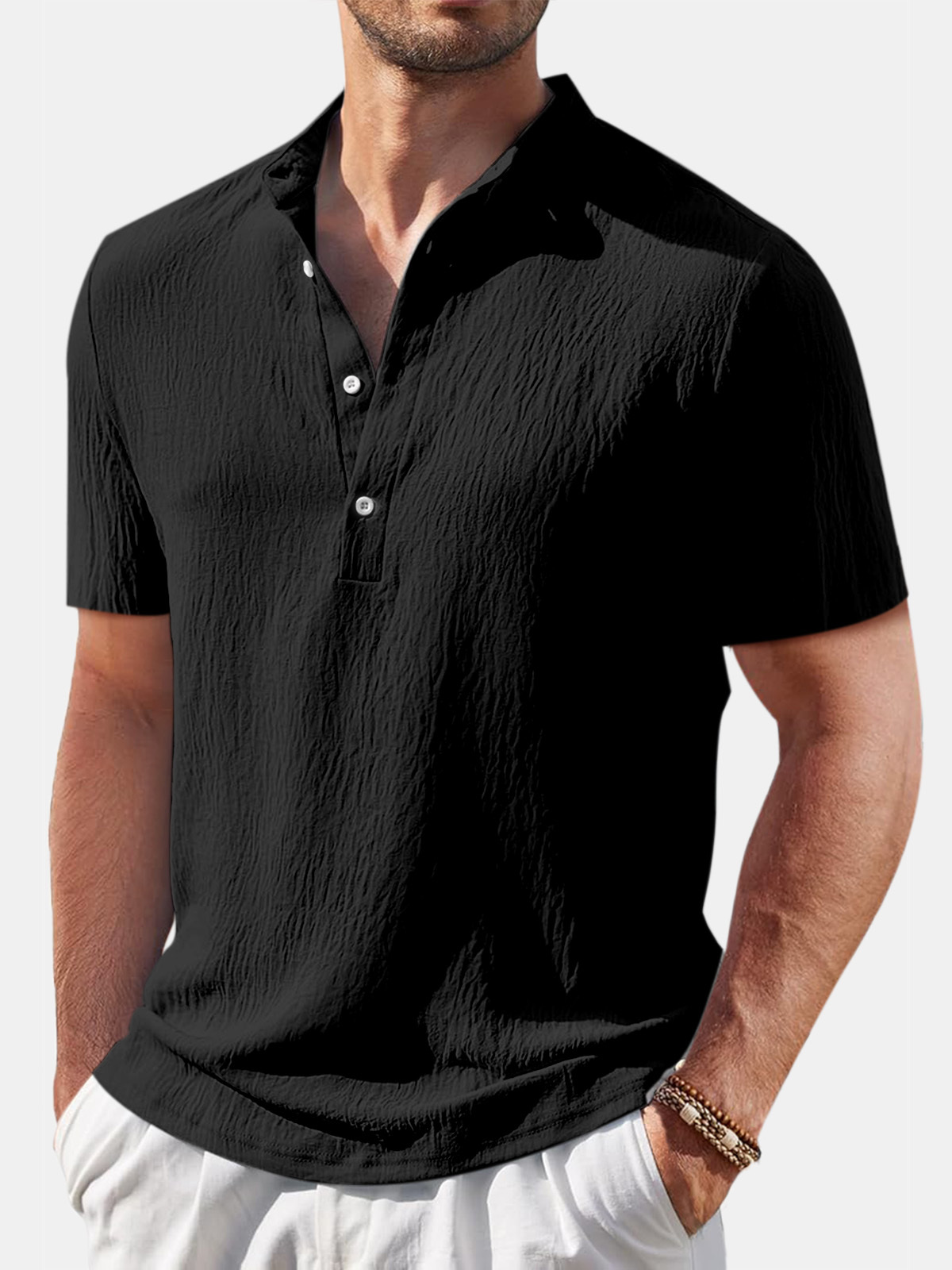 Heren casual shirt in katoen en linnen met mao-kraag en korte mouwen