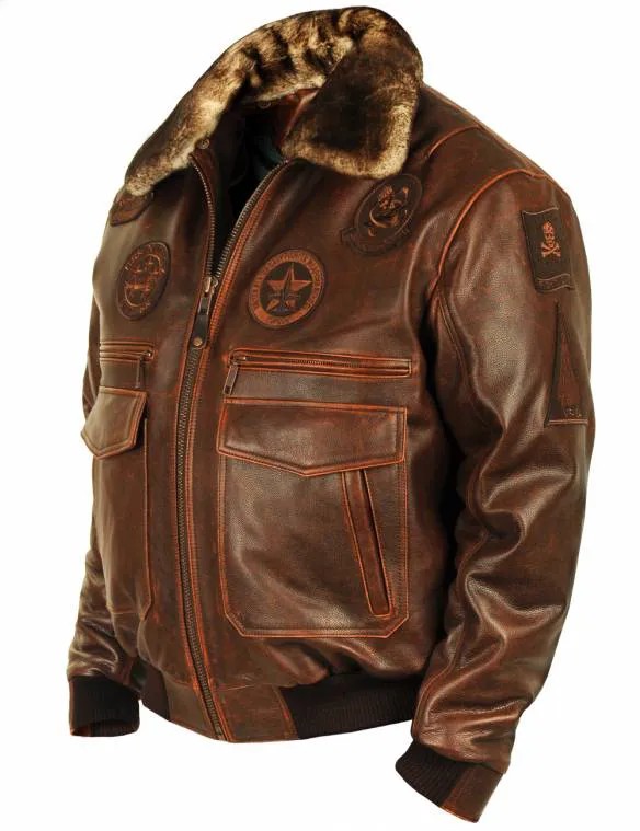 VESTE EN CUIR DE PILOTE TOP GUN JOLLY ROGERS - MARRON