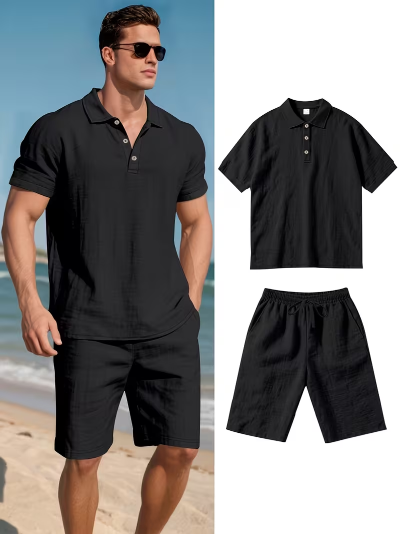 ⏰ Dernier jour : 50 % de réduction ! 🔥 – Ensemble d’été en lin pour homme avec chemise à manches courtes et short