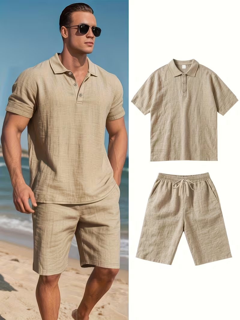 ⏰ Dernier jour : 50 % de réduction ! 🔥 – Ensemble d’été en lin pour homme avec chemise à manches courtes et short