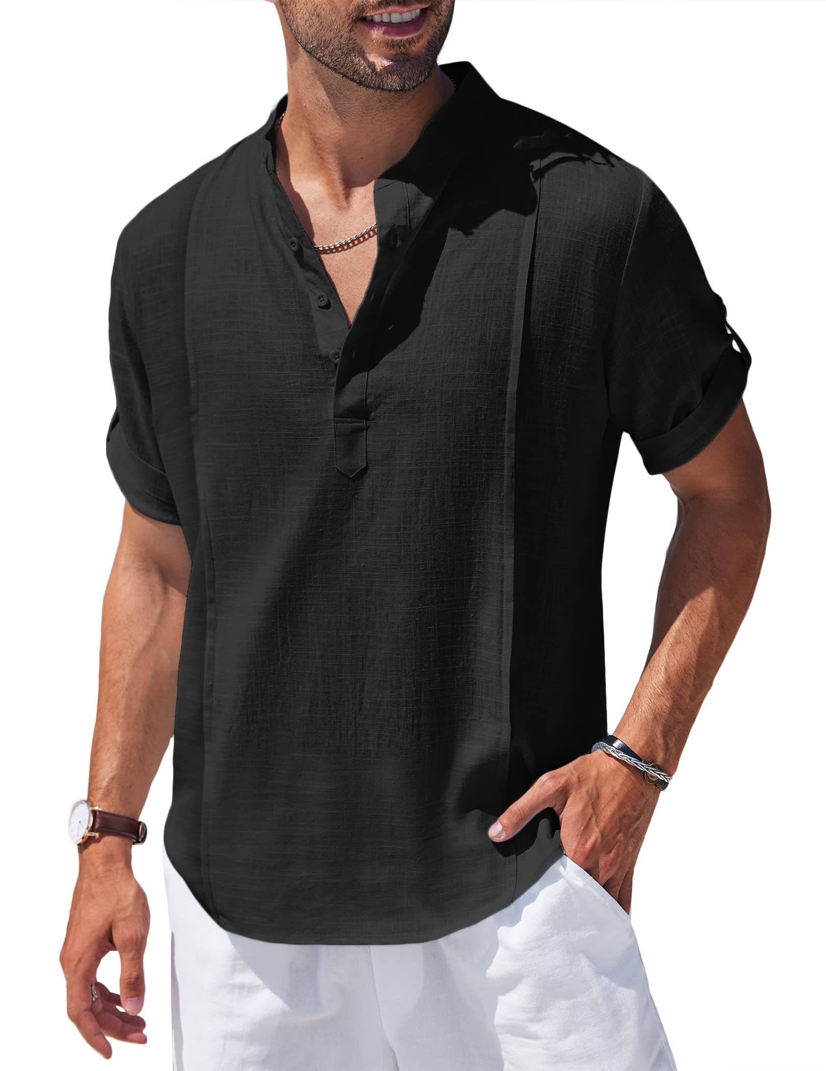 Chemise Henley en lin et coton pour homme, chemise décontractée hippie de plage, T-shirt à manches courtes