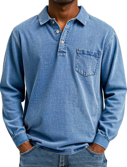 Heren Retro Effen Kleur Pocket Lapel Lange Mouw Polo Shirt