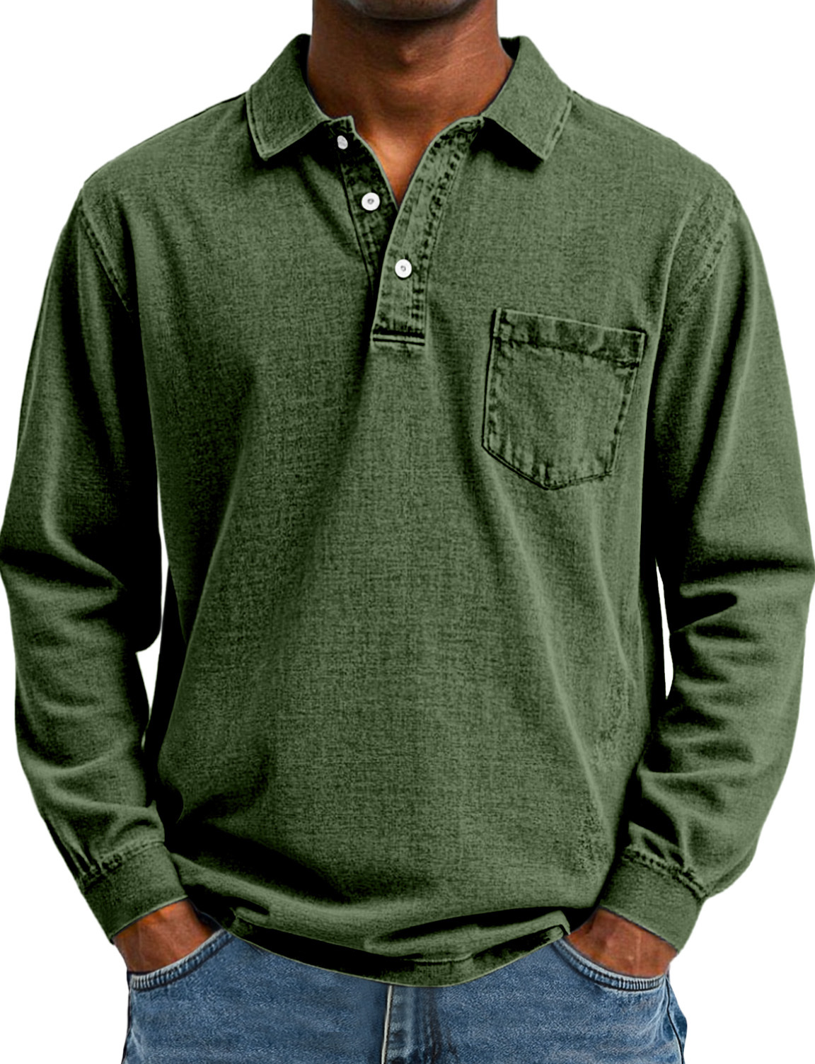 Heren Retro Effen Kleur Pocket Lapel Lange Mouw Polo Shirt
