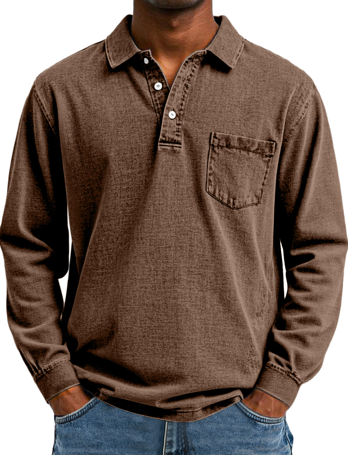 Heren Retro Effen Kleur Pocket Lapel Lange Mouw Polo Shirt