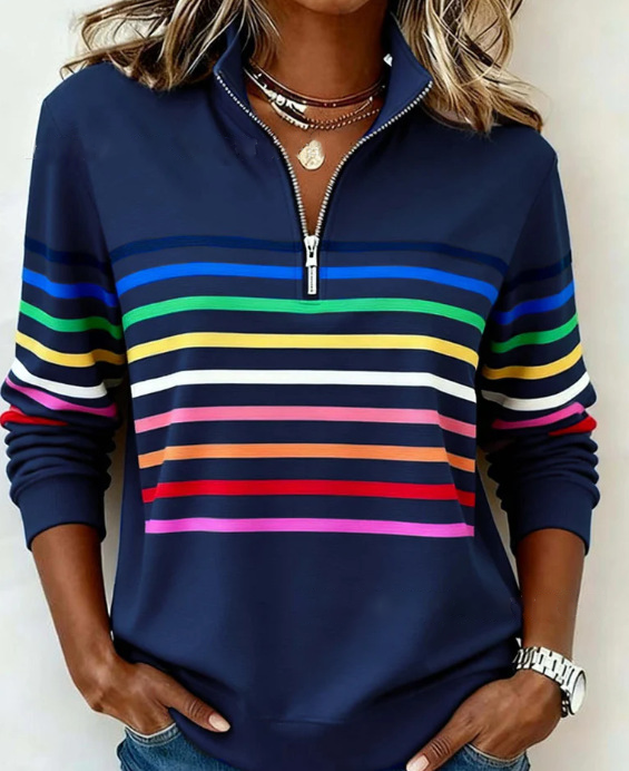 🎄Soldes exceptionnelles 🔥 Sweat-shirt décontracté à demi-fermeture éclair et rayures vives pour femme
