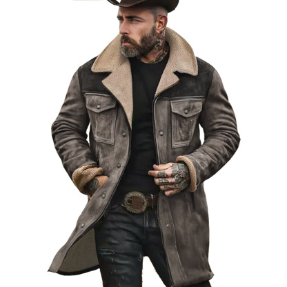 Série Yellowstone - Veste d'extérieur multi-poches en daim vintage patchwork polaire d'agneau pour homme, col inversé