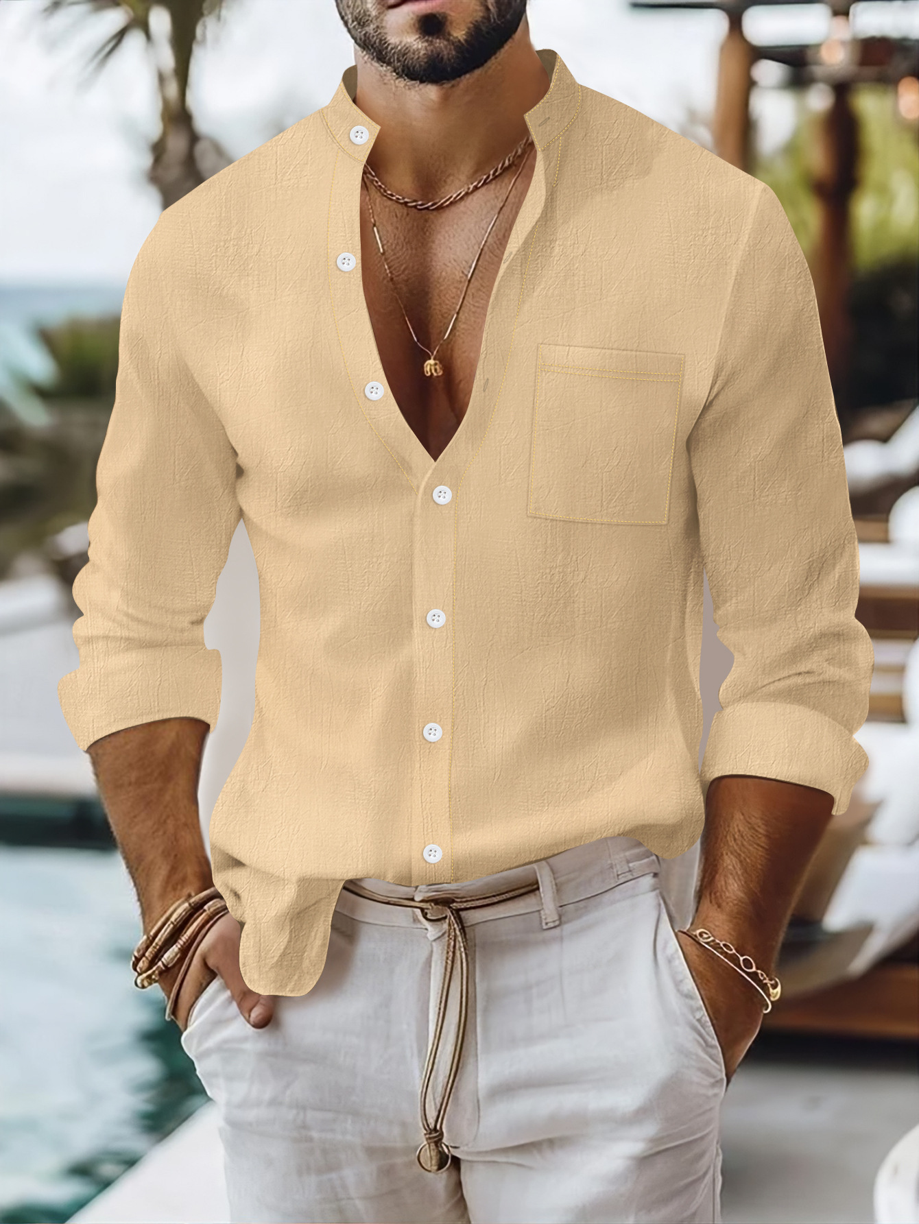 Chemise unie en coton et lin pour homme 2025, à col montant, coupe ouverte, manches longues