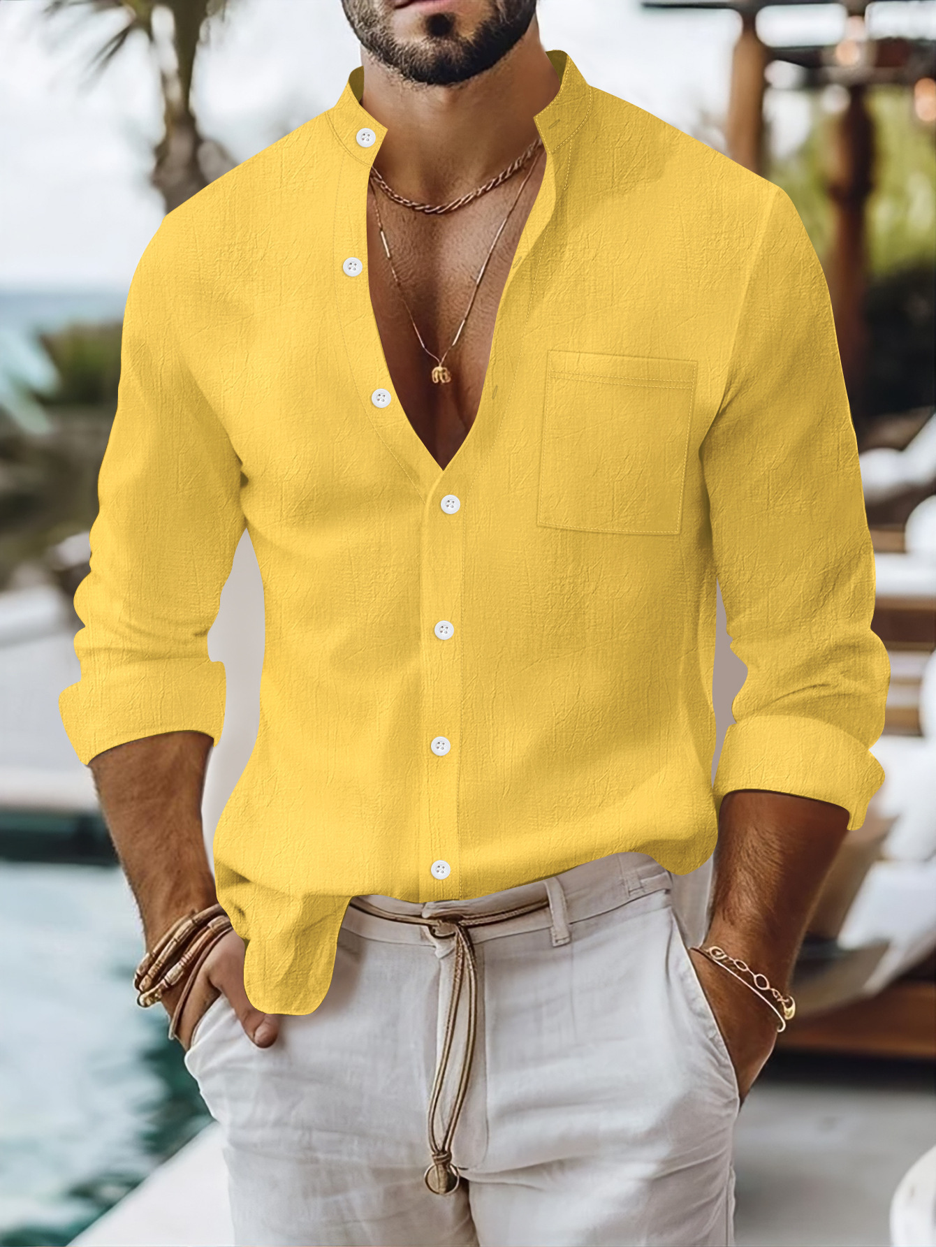 Chemise unie en coton et lin pour homme 2025, à col montant, coupe ouverte, manches longues