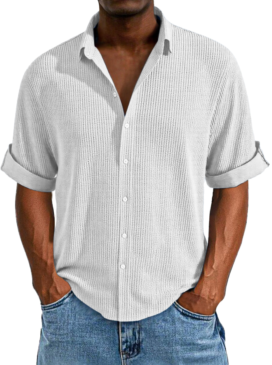 Korte Mouwen Casual Overhemd Voor Mannen, Ruime Pasvorm, Eenvoudige Textuur, Effen Kleur Met Knopen