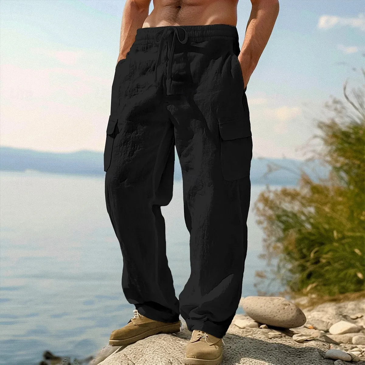 Pantalon en lin pour homme – Pantalon d'été décontracté, longueur classique, idéal pour le quotidien, les vacances et les voyages