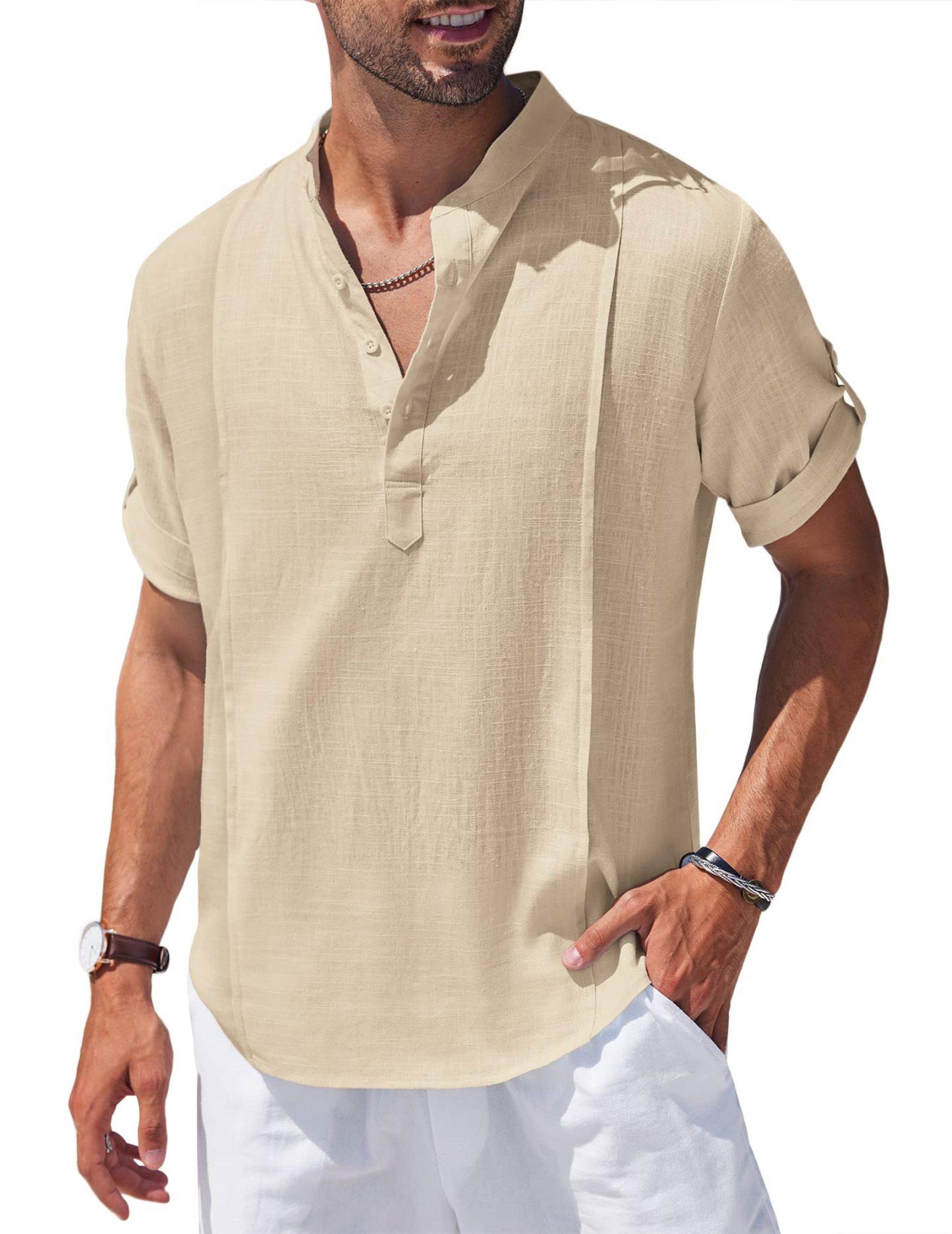 Chemise Henley en lin et coton pour homme, chemise décontractée hippie de plage, T-shirt à manches courtes