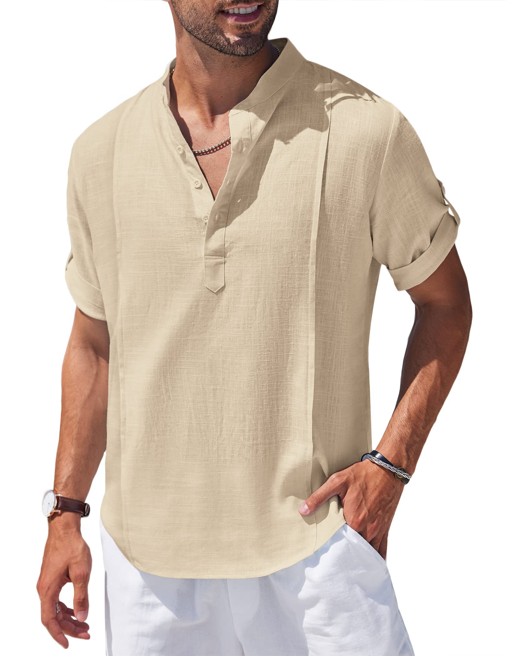 Chemise Henley en lin et coton pour homme, chemise décontractée hippie de plage, T-shirt à manches courtes