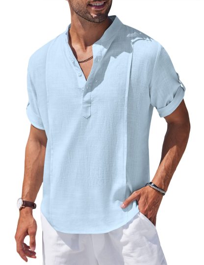 Chemise Henley en lin et coton pour homme, chemise décontractée hippie de plage, T-shirt à manches courtes