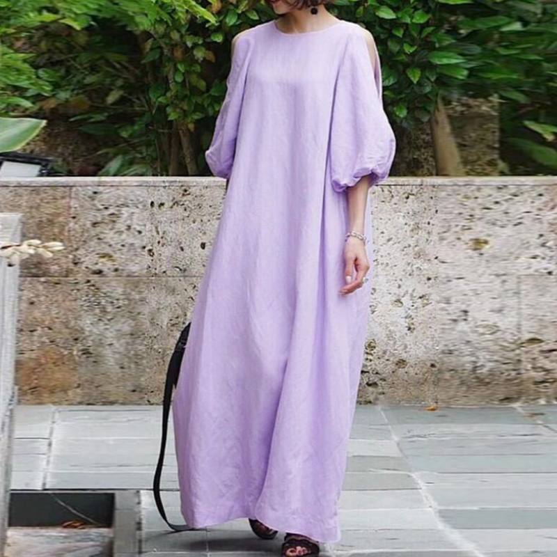 Robe en coton et lin à manches mi-longues et épaules dénudées