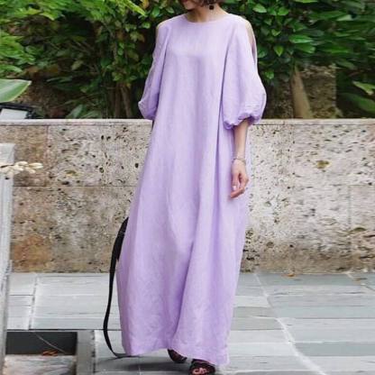 Robe en coton et lin à manches mi-longues et épaules dénudées