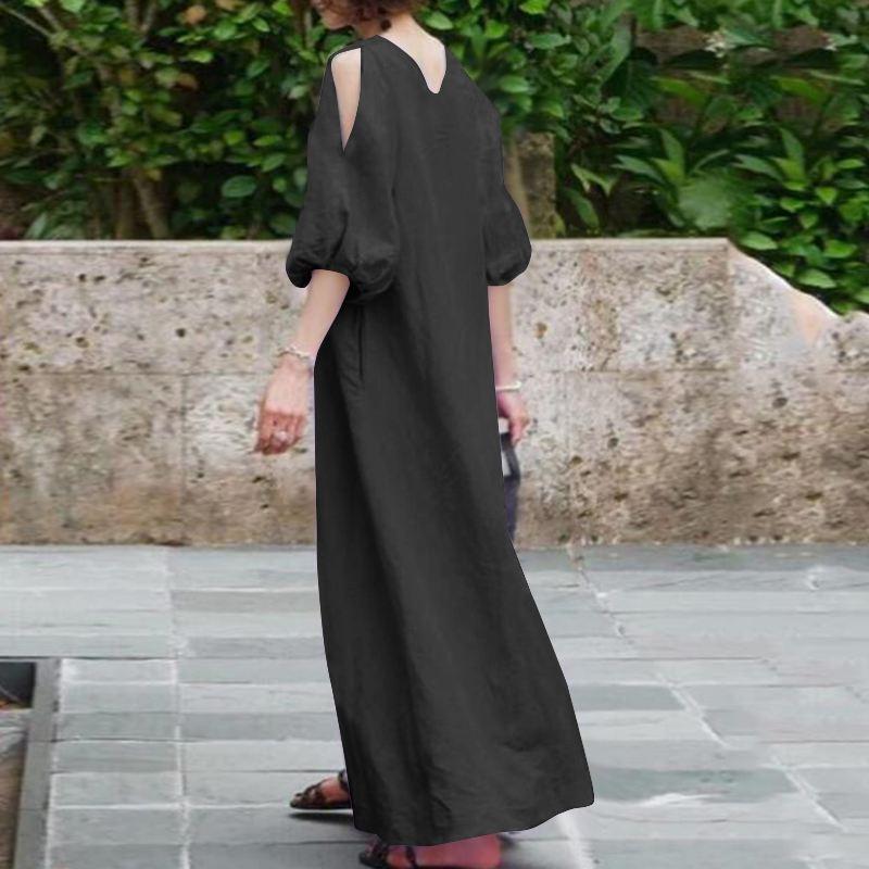 Robe en coton et lin à manches mi-longues et épaules dénudées
