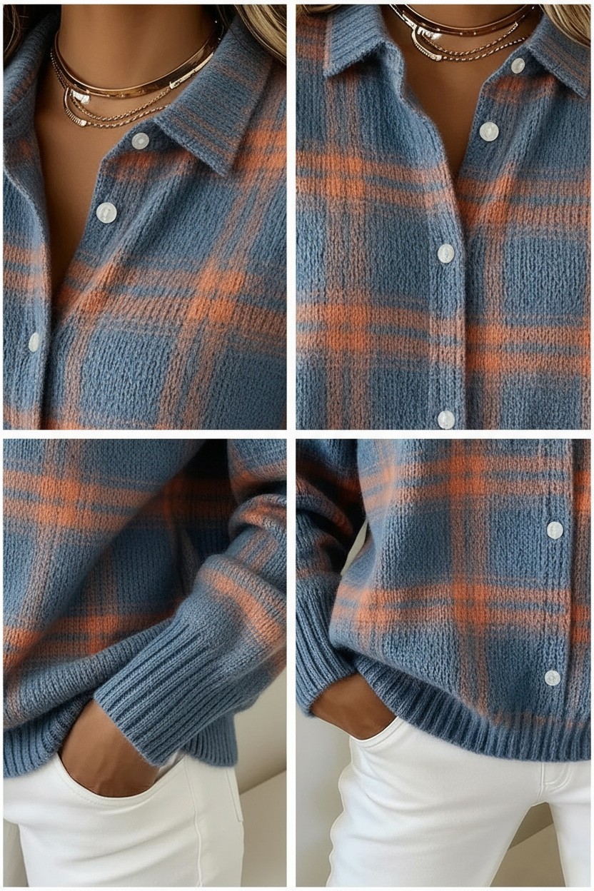 VENTE DE LIQUIDATION 🔥 Cardigan d&eacute;contract&eacute; en coton &agrave; imprim&eacute; carreaux pour femme, avec boutons