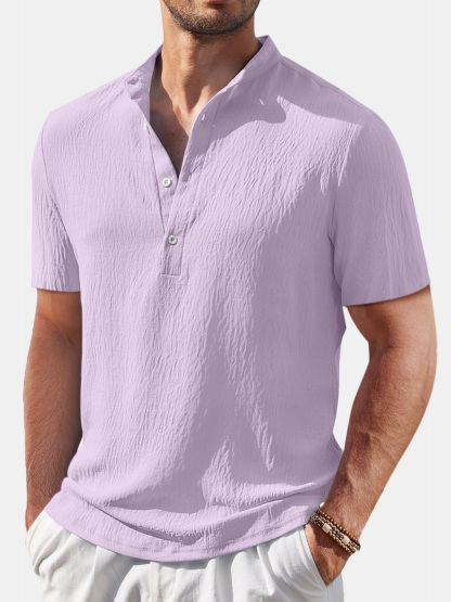 Heren casual shirt in katoen en linnen met mao-kraag en korte mouwen