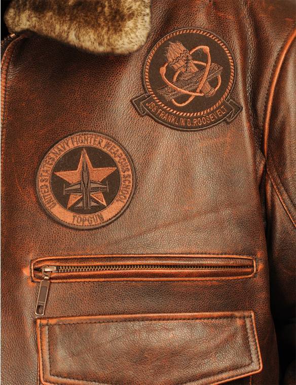 VESTE EN CUIR DE PILOTE TOP GUN JOLLY ROGERS - MARRON