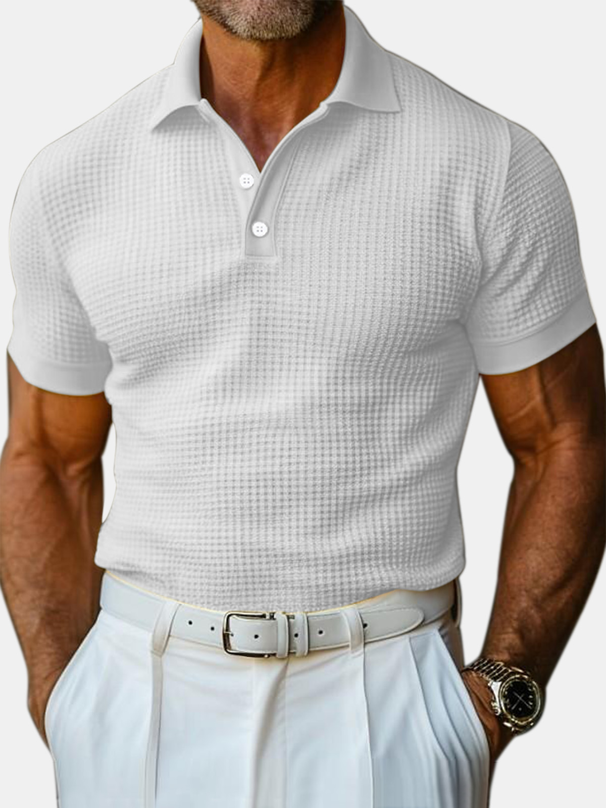Polo à manches courtes pour homme en maille gaufrée unie, style décontracté