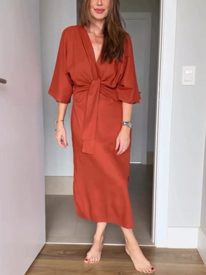 Casual katoenen en lin v-hals jurk met veters