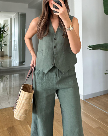 Ensemble deux pièces décontracté : gilet uni et pantalon