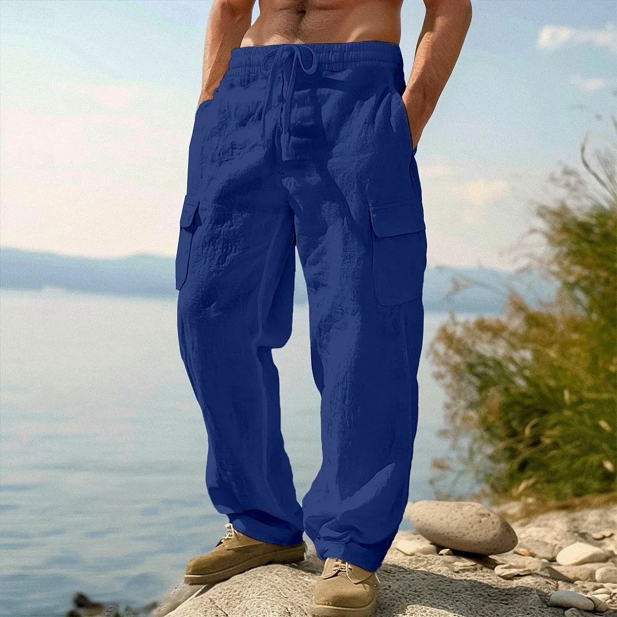 Pantalon en lin pour homme – Pantalon d'été décontracté, longueur classique, idéal pour le quotidien, les vacances et les voyages