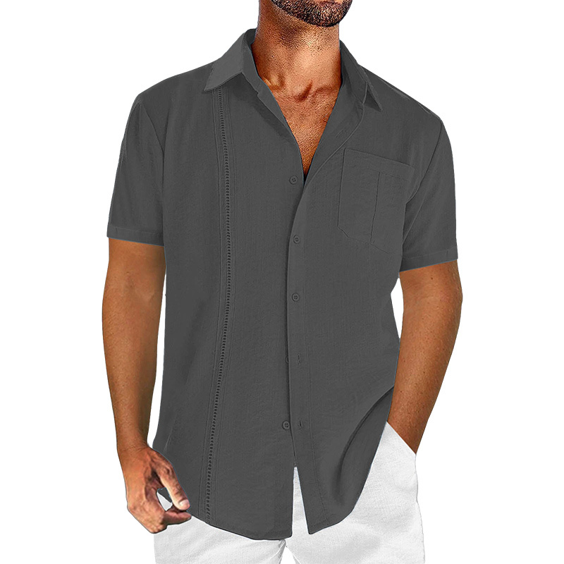 Chemise courte à manches pour homme en lin et coton, couleur unie et décontractée