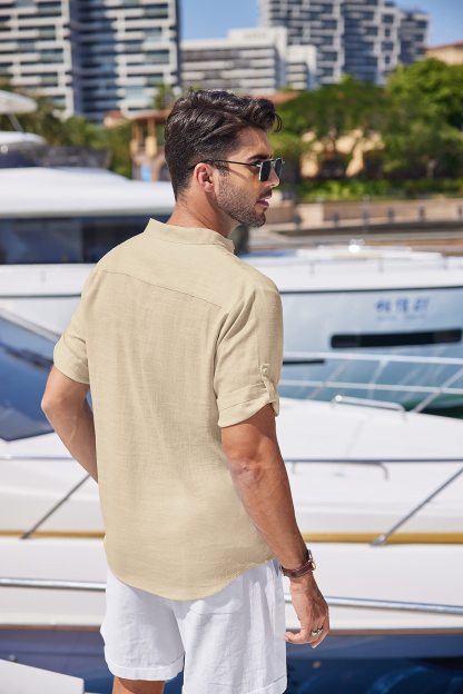 Chemise Henley en lin et coton pour homme, chemise décontractée hippie de plage, T-shirt à manches courtes