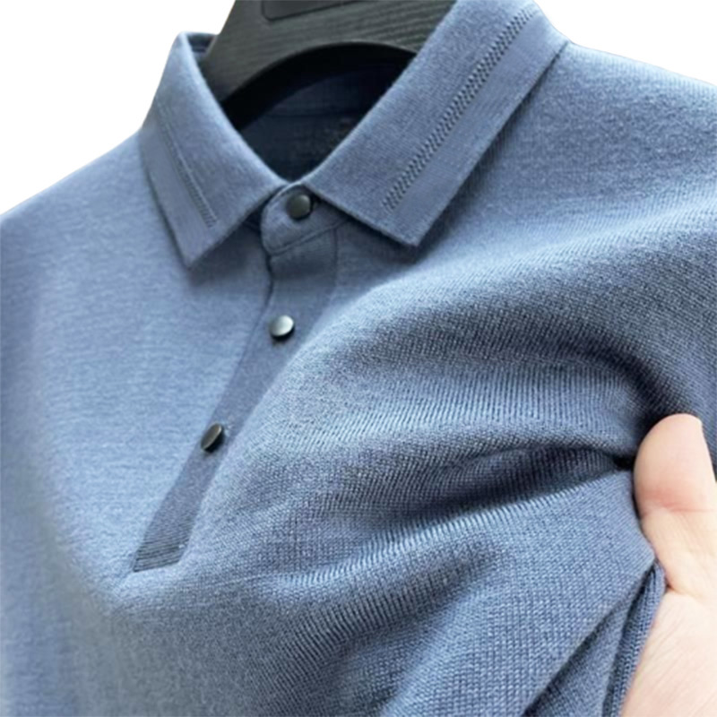 Nieuwe gebreide polo trui voor mannen met kleurcontrast, lange mouwen