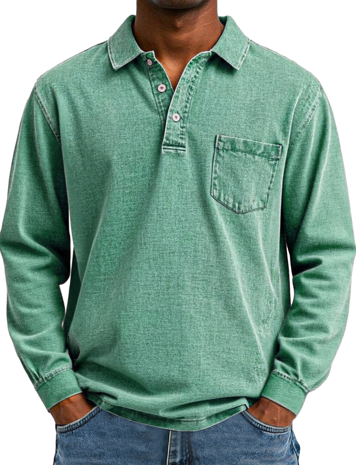 Polo rétro à manches longues et revers de poche pour homme, couleur unie