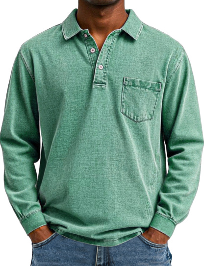 Heren Retro Effen Kleur Pocket Lapel Lange Mouw Polo Shirt