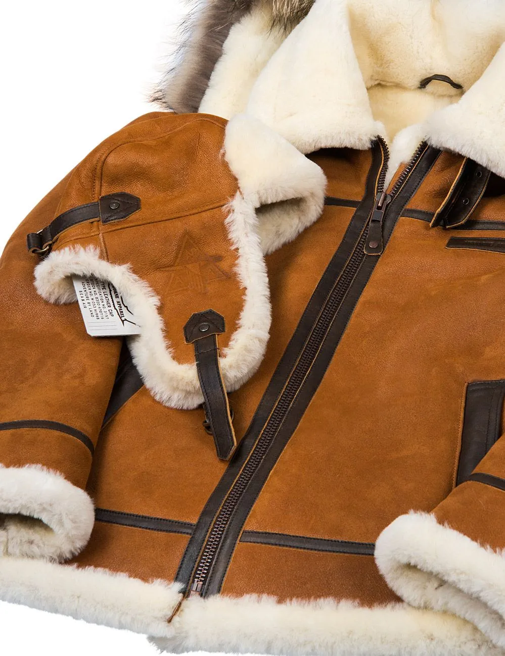 Veste bomber B-3 en peau de mouton avec capuche Whiskey
