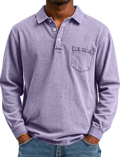 Heren Retro Effen Kleur Pocket Lapel Lange Mouw Polo Shirt