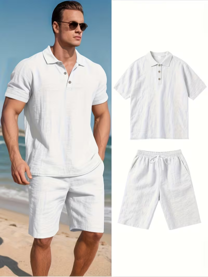 ⏰ Dernier jour : 50 % de réduction ! 🔥 – Ensemble d’été en lin pour homme avec chemise à manches courtes et short
