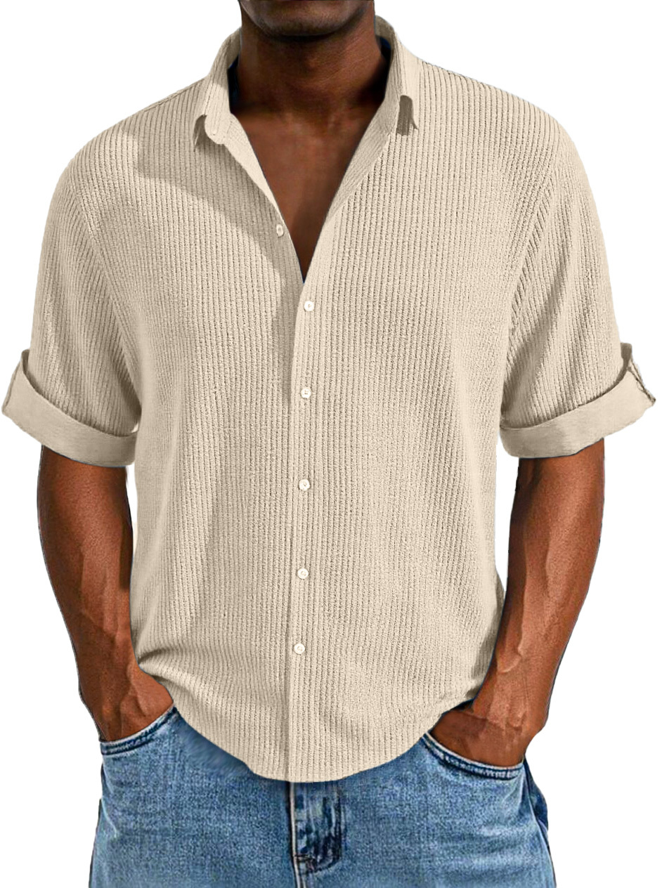 Korte Mouwen Casual Overhemd Voor Mannen, Ruime Pasvorm, Eenvoudige Textuur, Effen Kleur Met Knopen