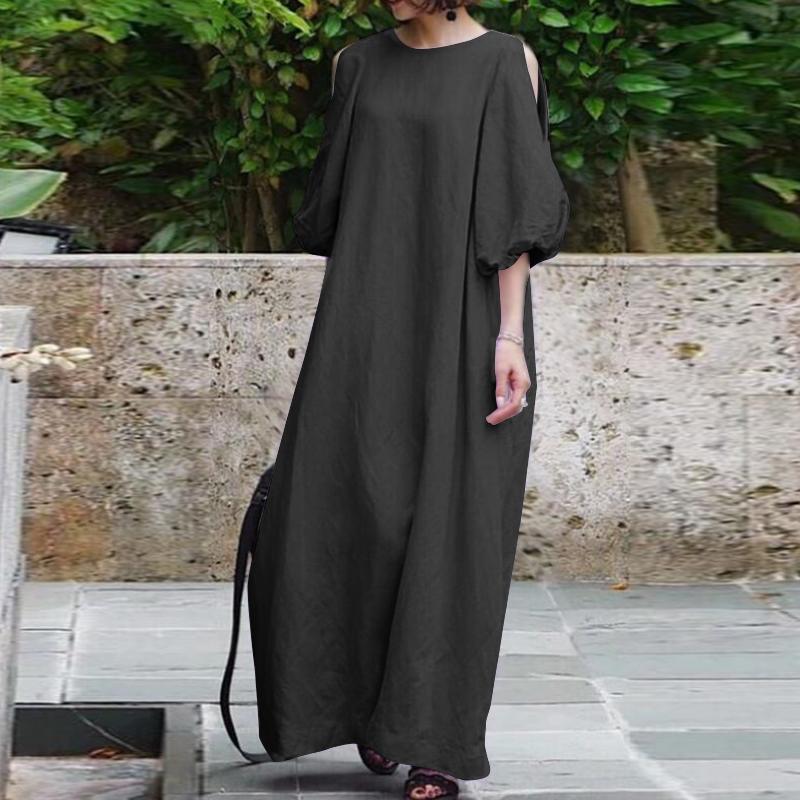 Robe en coton et lin à manches mi-longues et épaules dénudées