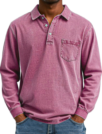 Heren Retro Effen Kleur Pocket Lapel Lange Mouw Polo Shirt