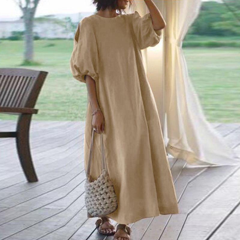 Robe en coton et lin à manches mi-longues et épaules dénudées
