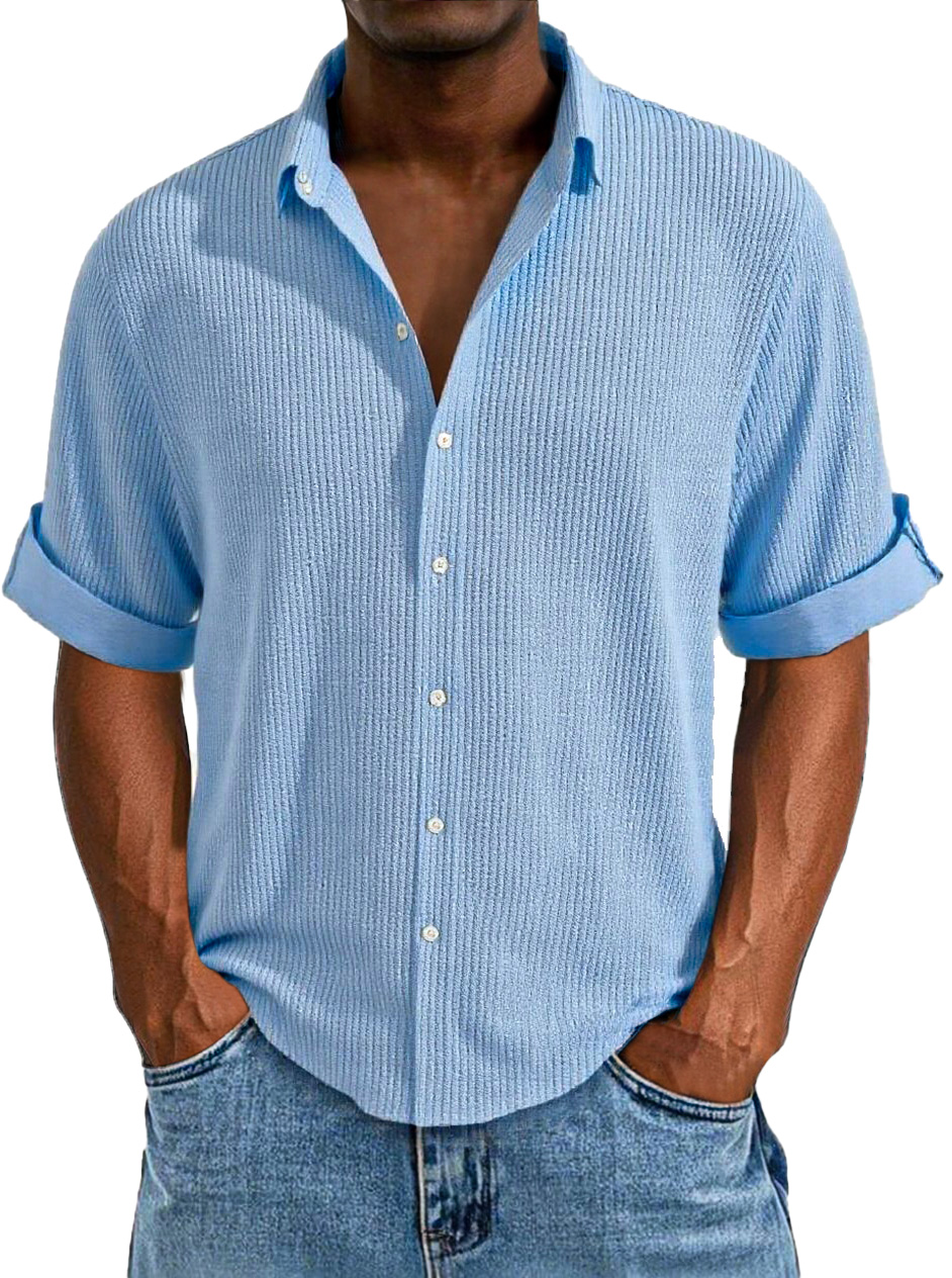 Korte Mouwen Casual Overhemd Voor Mannen, Ruime Pasvorm, Eenvoudige Textuur, Effen Kleur Met Knopen