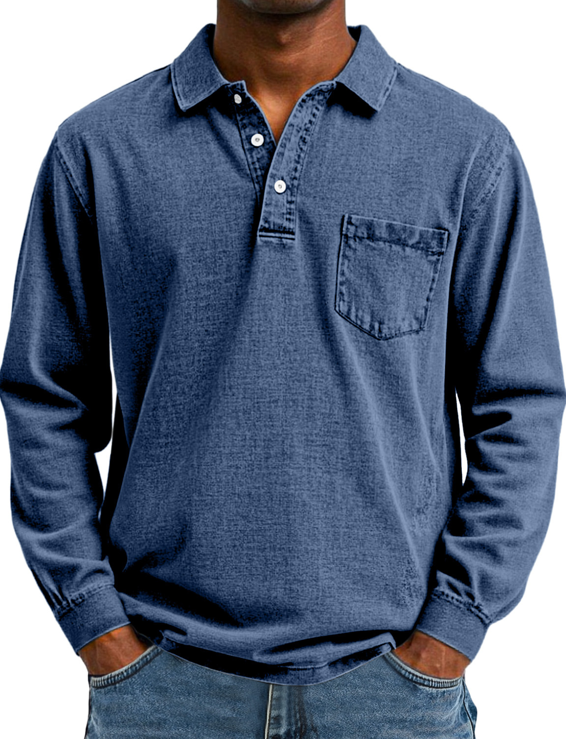 Heren Retro Effen Kleur Pocket Lapel Lange Mouw Polo Shirt