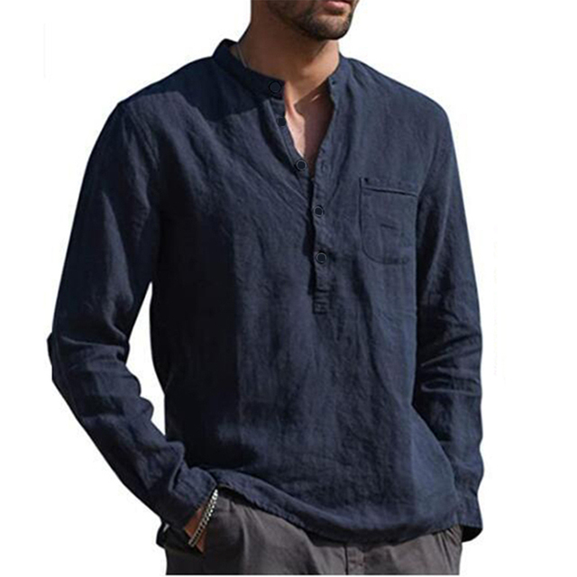 Chemises À Manches Longues En Coton Et Lin Pour Homme, Couleur Unie, Col Montant, Été