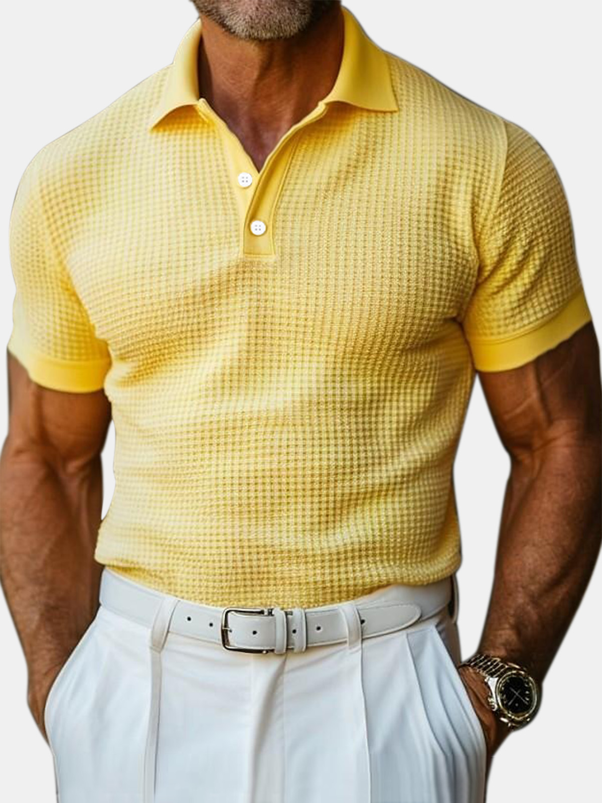 Polo à manches courtes pour homme en maille gaufrée unie, style décontracté