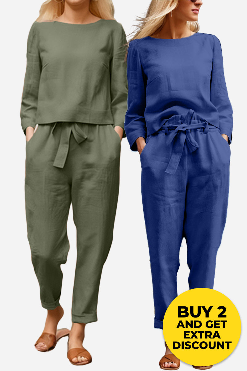Tweedelig setje in effen kleur, gemaakt van 100% linnen en katoen.
