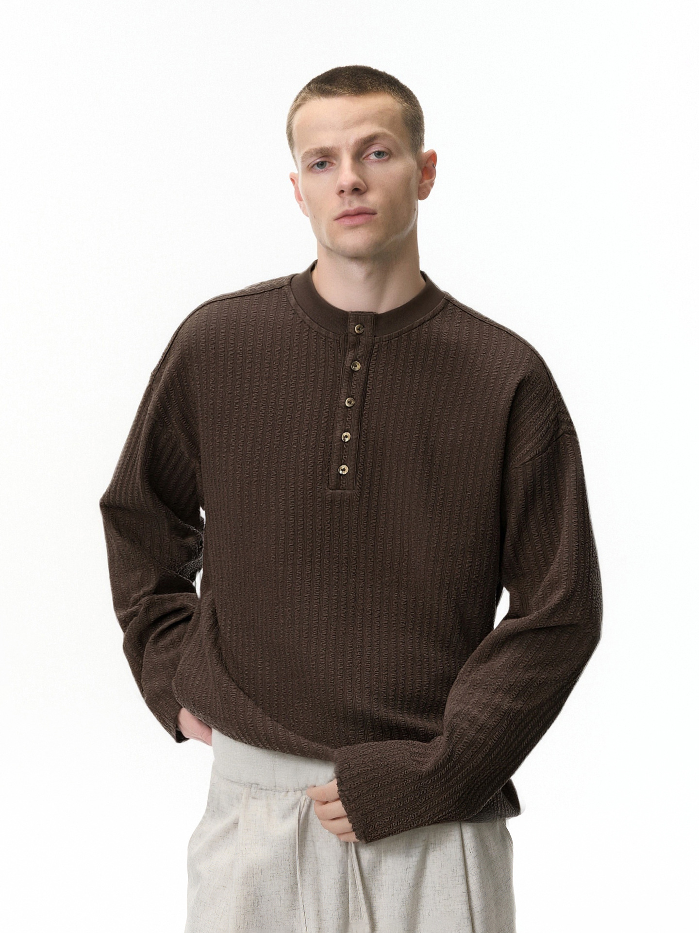 Men's Old Money Style Henry Collar Long-Sleeve Casual Solid Color Sweater