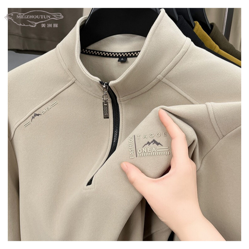 Double-sided Dove velvet men's half-zip pullover casual stand-up collar long-sleeved top