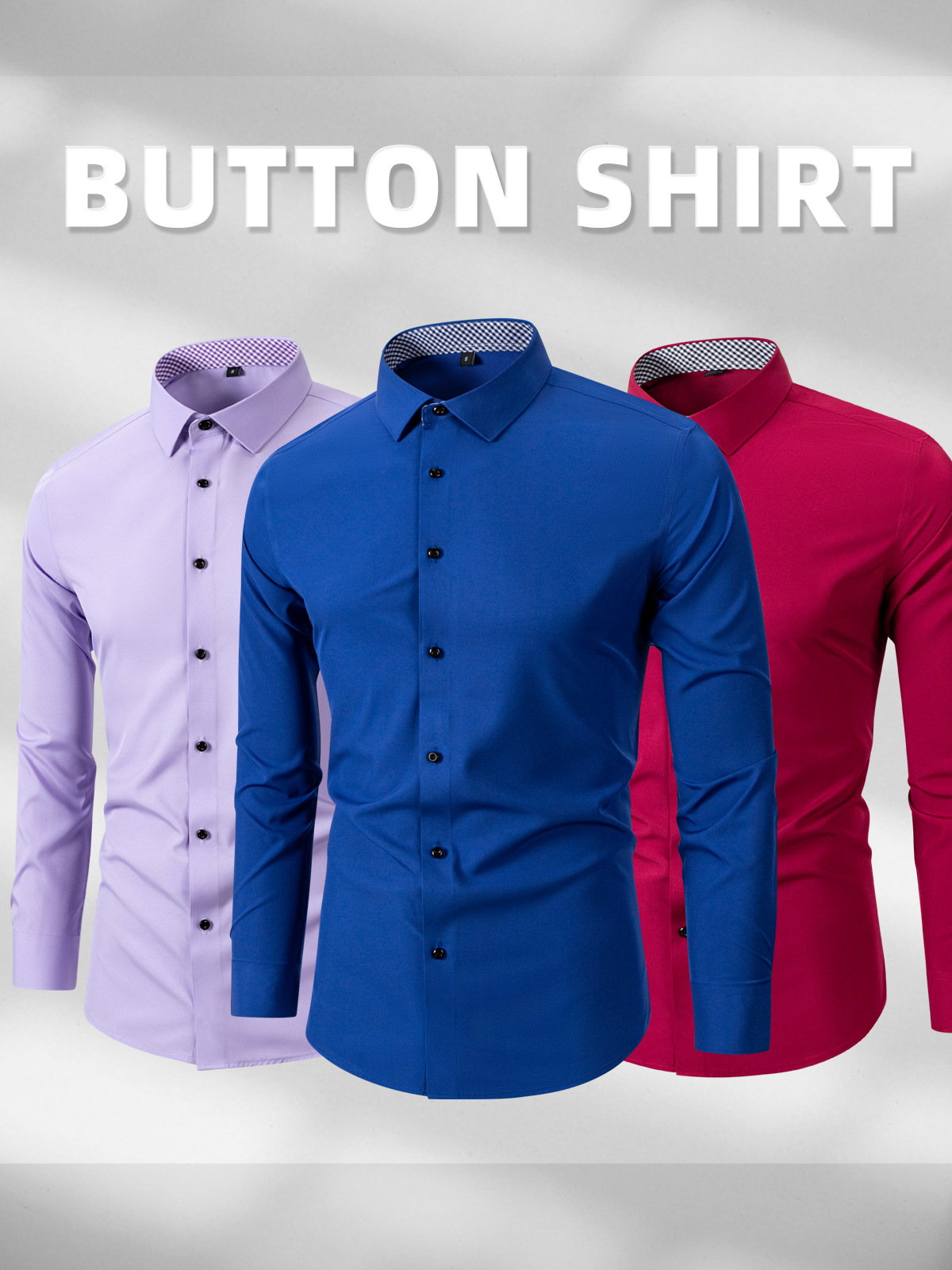 Men's long-sleeved business shirt with stretch fabric and contrasting buttons.