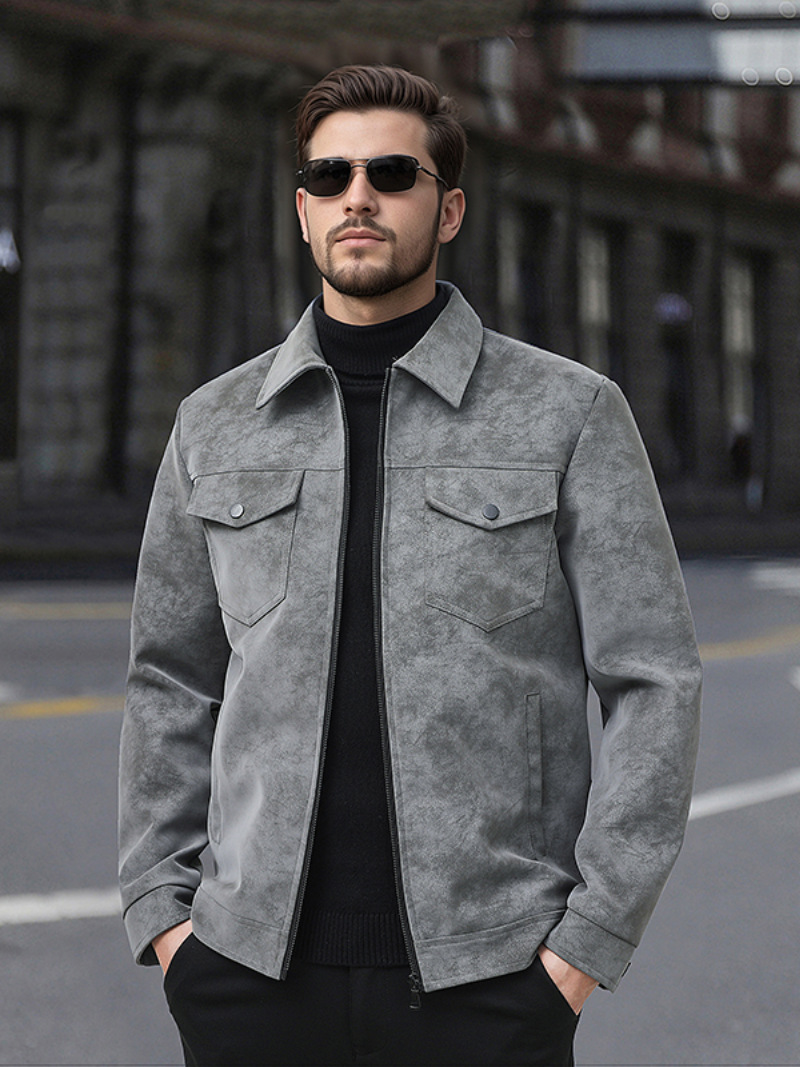 PACRATA Men's Vintage-Style Suede Workwear Jacket with Lapel Collar