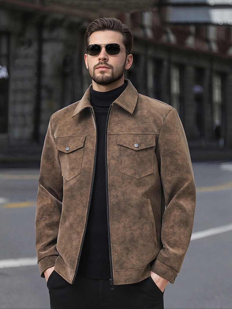 PACRATA Men's Vintage-Style Suede Workwear Jacket with Lapel Collar