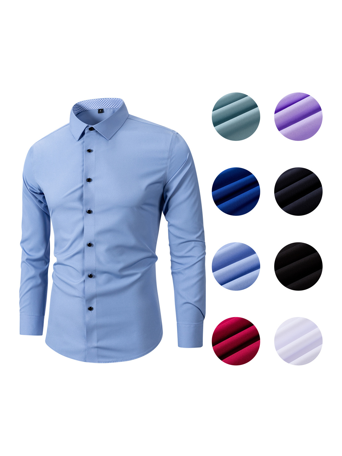 Men's long-sleeved business shirt with stretch fabric and contrasting buttons.